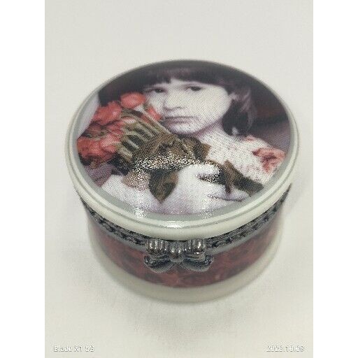 Vintage 1997 Enesco Trinket Pill Jewelry Box Little Girl Roses Ceramic Hinged